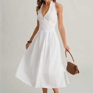 RIHOAS NWT White Cotton Linen Halter Midi Dress Ruffle Trim Slit Cottagecore XL
